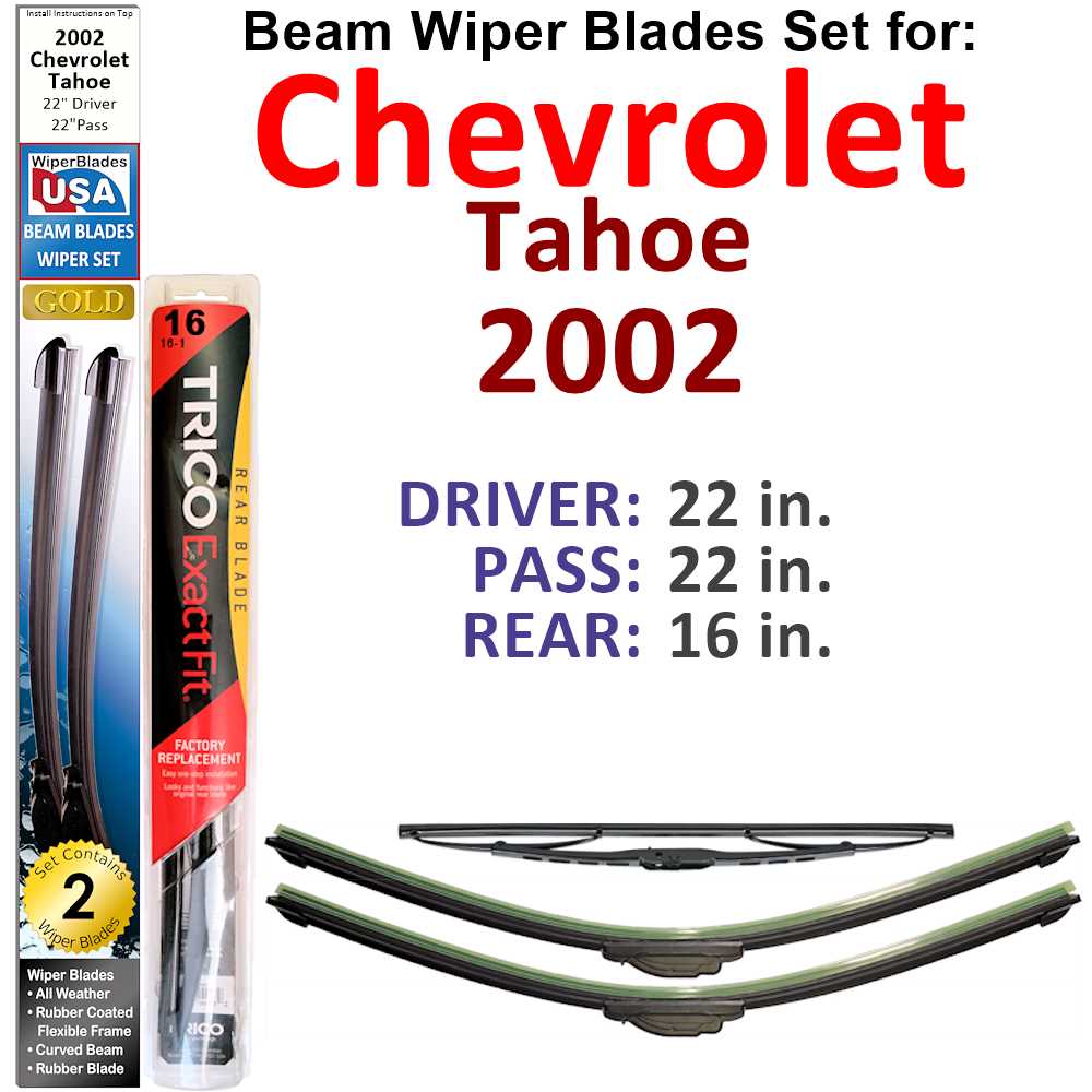 Set of 3 Beam Wiper Blades designed for 2002 Chevrolet Tahoe, showcasing their flexible and durable construction.