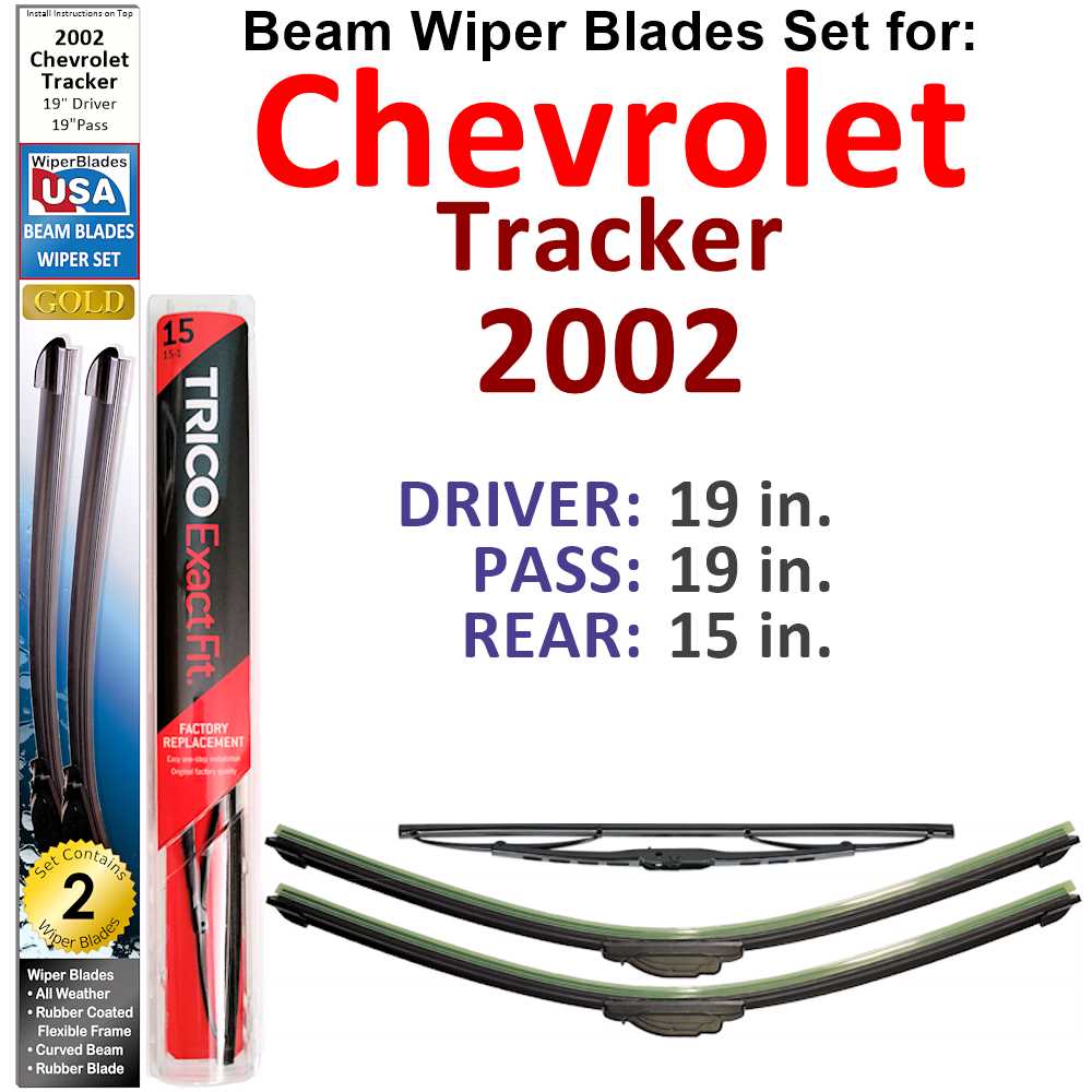 Set of 3 Beam Wiper Blades designed for 2002 Chevrolet Tracker, showcasing their flexible and durable construction.