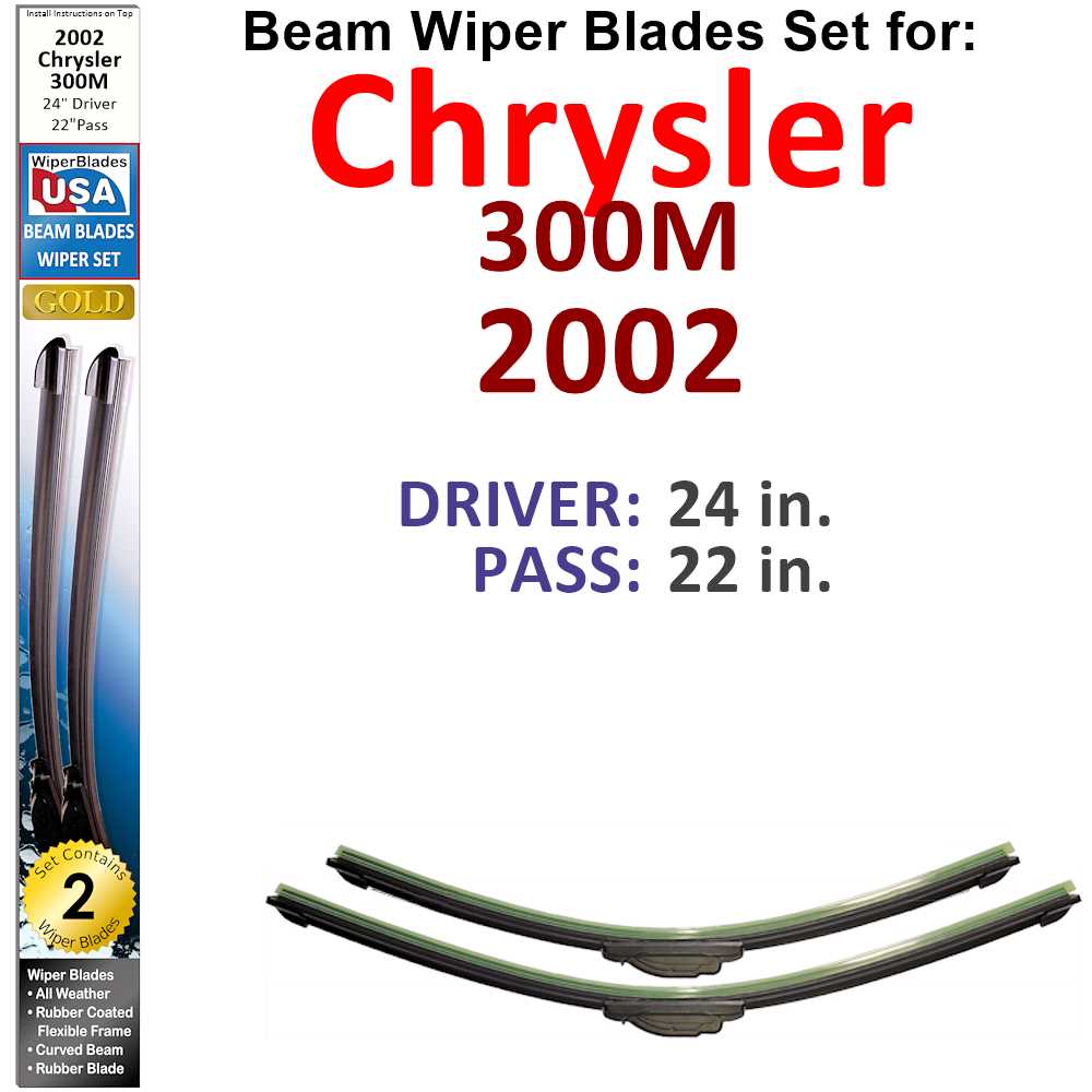 Set of two Beam Wiper Blades designed for 2002 Chrysler 300M, showcasing their flexible and durable construction.