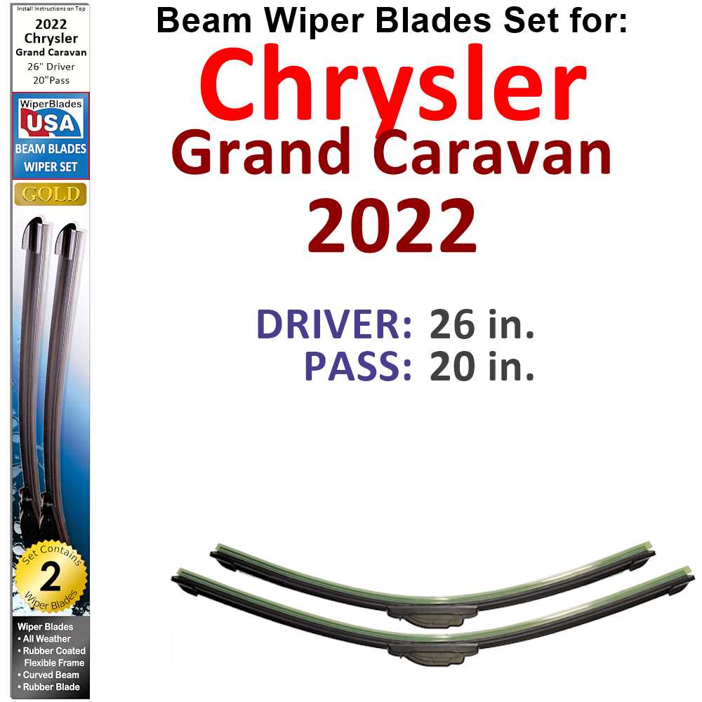 Set of 2 Beam Wiper Blades designed for 2022 Chrysler Grand Caravan, showcasing their sleek design and durable construction.