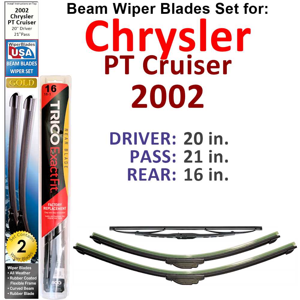 Set of 3 Beam Wiper Blades designed for 2002 Chrysler PT Cruiser, showcasing their sleek design and durable construction.