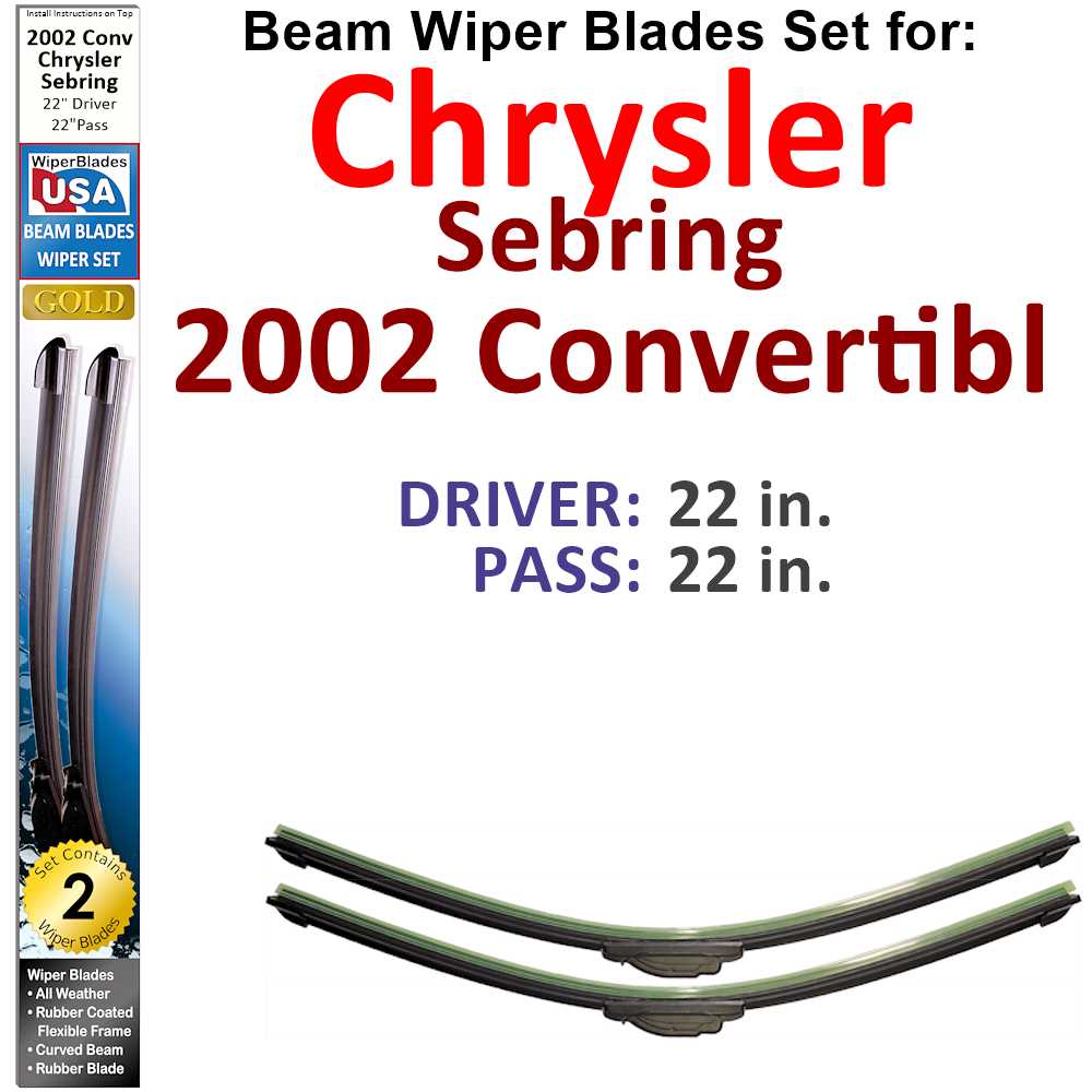 Set of 2 Beam Wiper Blades designed for 2002 Chrysler Sebring Convertible, showcasing their flexible and durable construction.