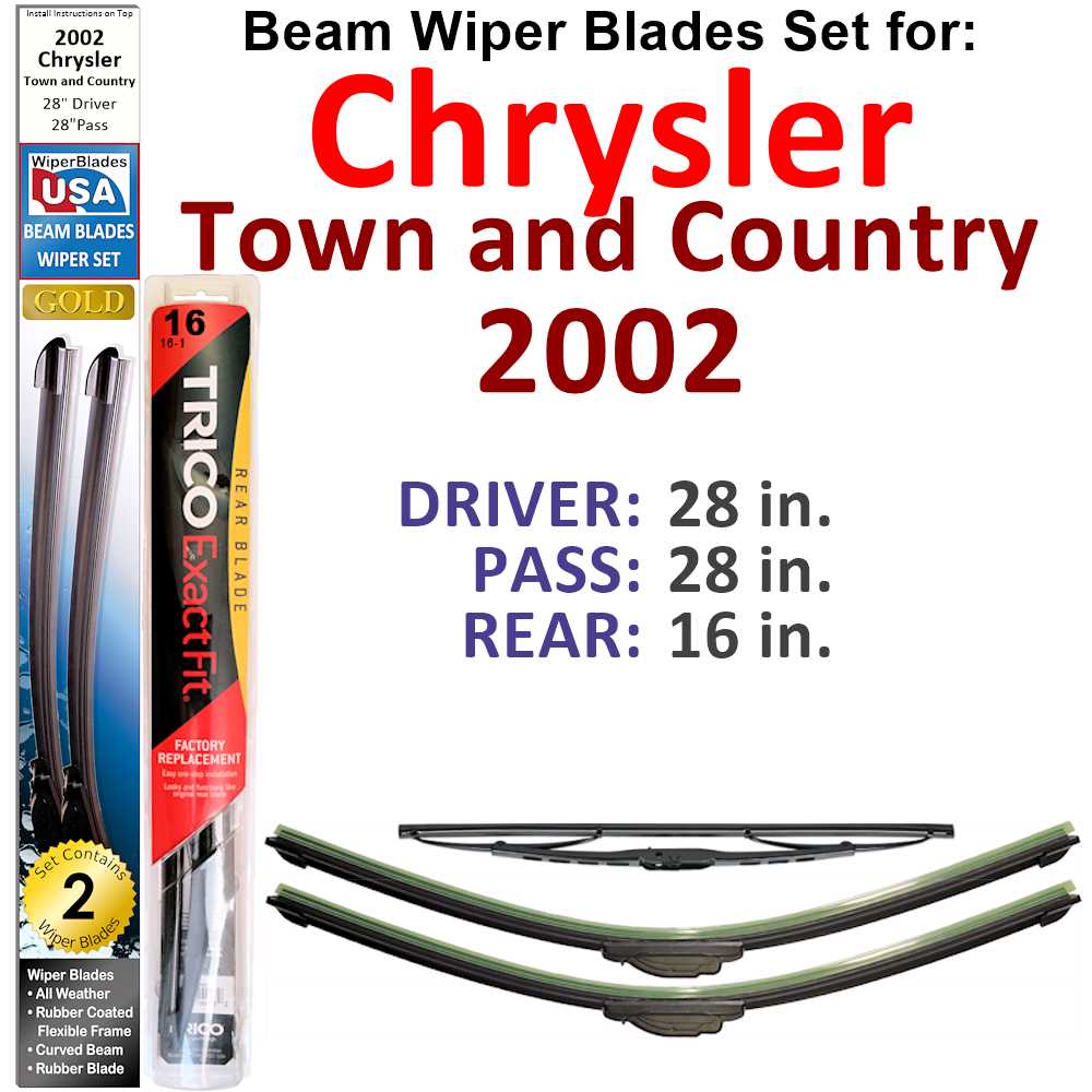 Set of 3 Beam Wiper Blades for 2002 Chrysler Town and Country, showcasing their flexible design and rubber-encased metal spine.