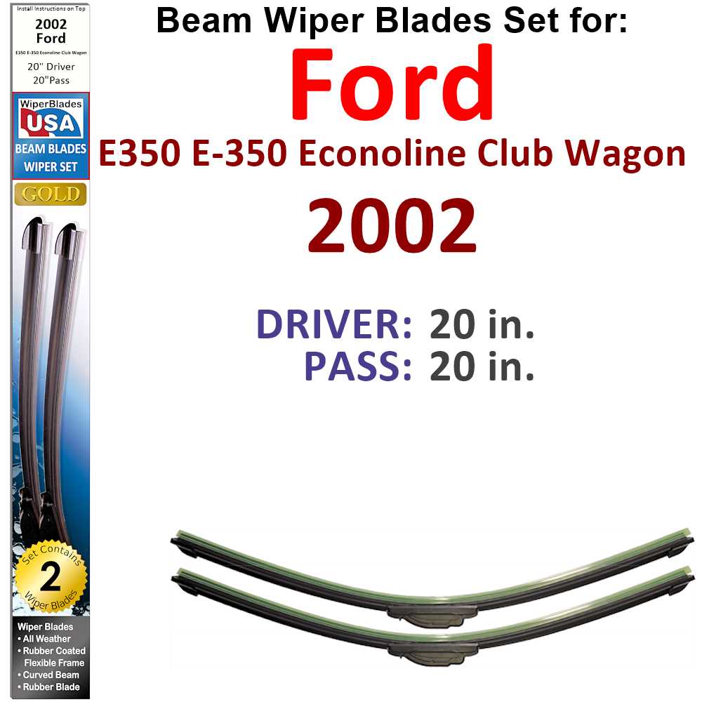 Set of two Beam Wiper Blades designed for 2002 Ford E350 E-350 Econoline Club Wagon, showcasing their flexible and durable design.