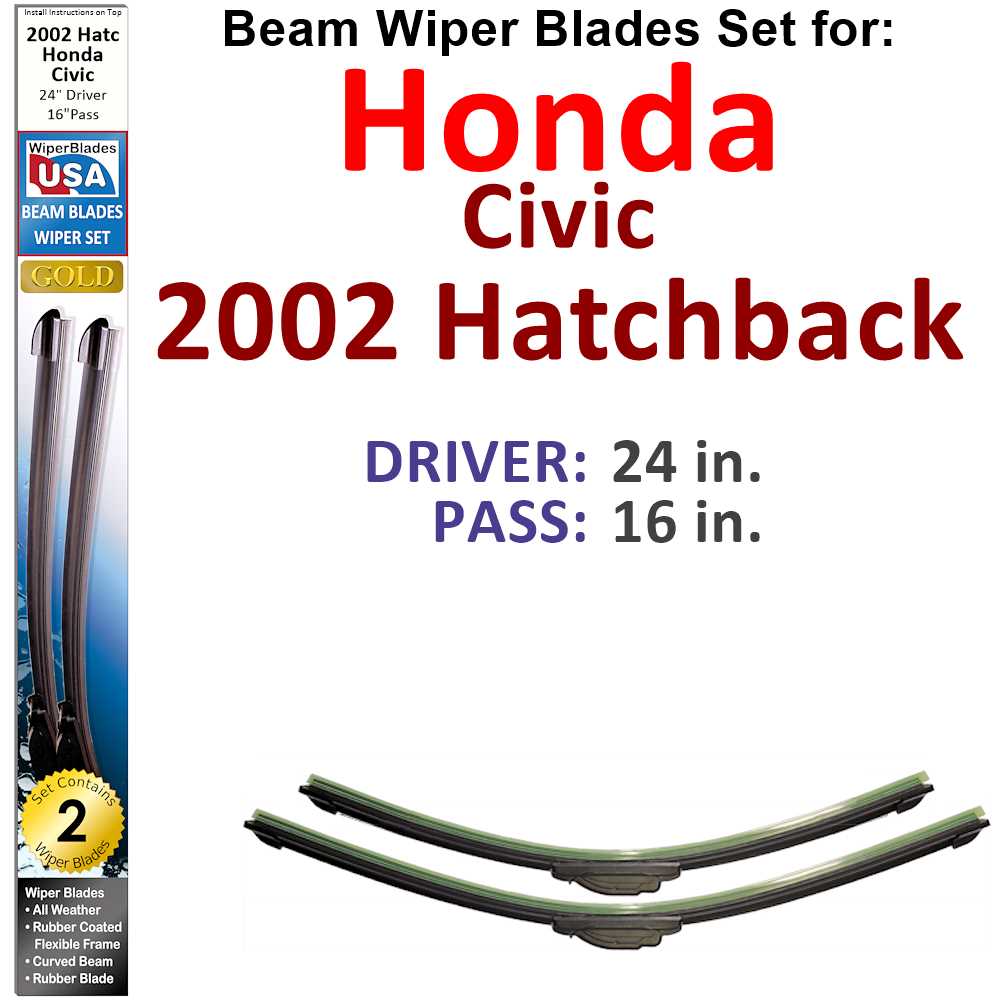 Set of two Beam Wiper Blades designed for 2002 Honda Civic Hatchback, showcasing their flexible and durable construction.