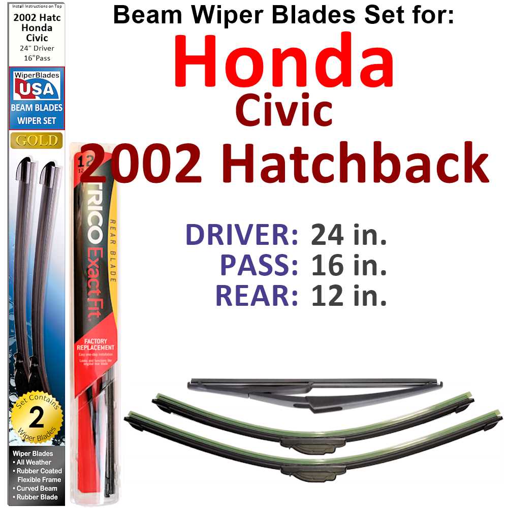 Set of 3 Beam Wiper Blades designed for 2002 Honda Civic Hatchback, showcasing their flexible and durable construction.