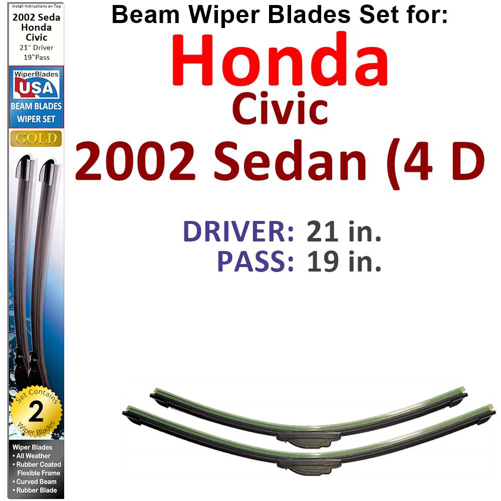 Set of 2 Beam Wiper Blades designed for 2002 Honda Civic Sedan, showcasing their flexible and durable construction.