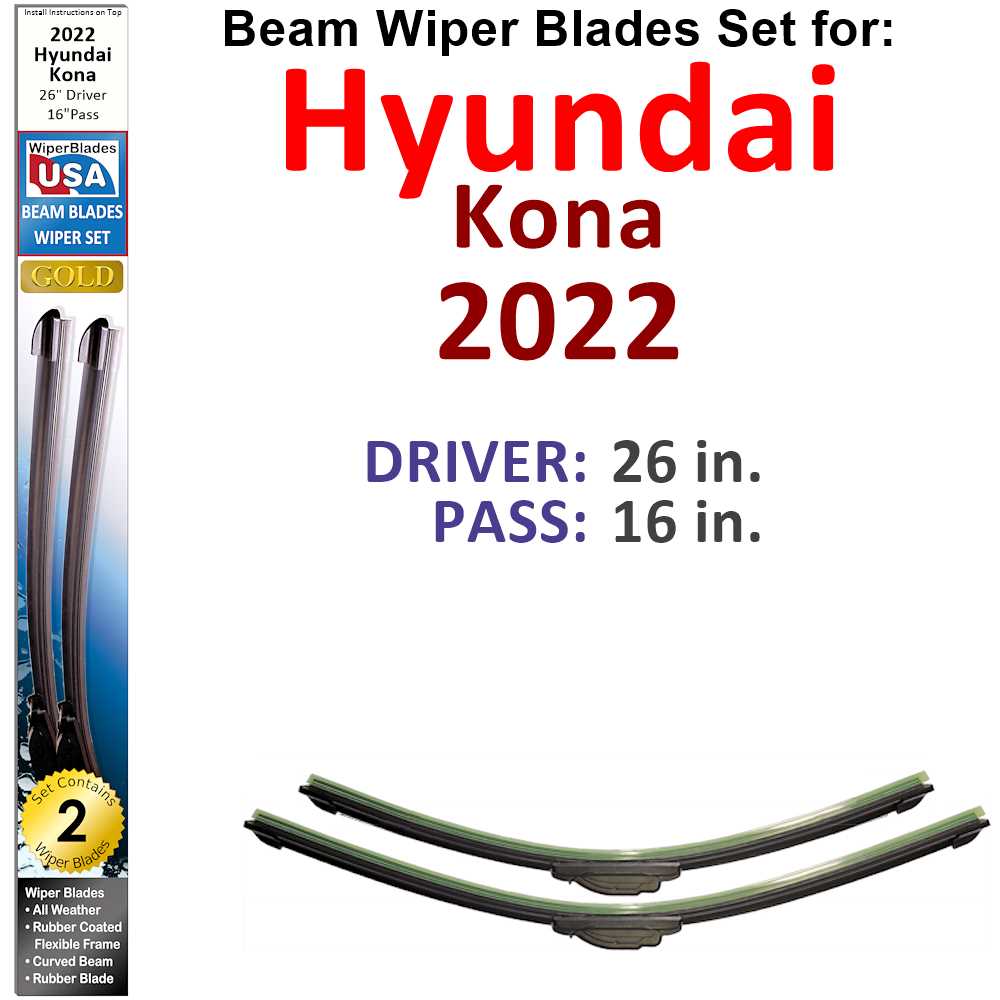 Set of two Beam Wiper Blades designed for 2022 Hyundai Kona, showcasing their flexible and durable construction.