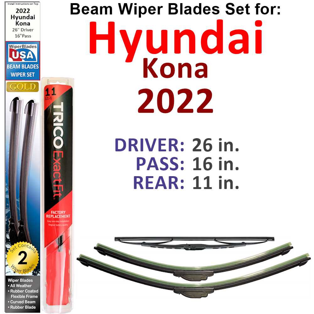 Set of 3 Beam Wiper Blades designed for 2022 Hyundai Kona, showcasing their flexible and durable construction.