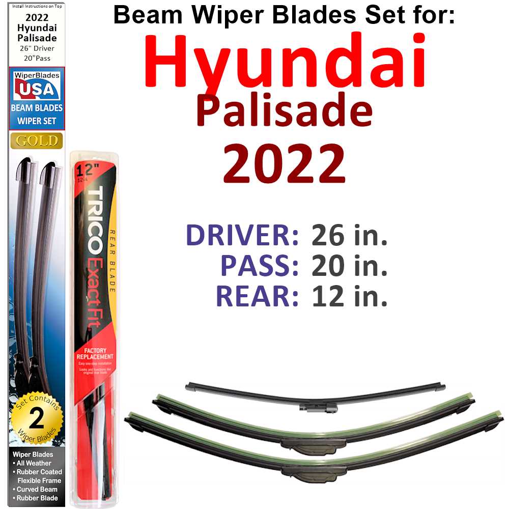 Set of 3 Beam Wiper Blades designed for 2022 Hyundai Palisade, showcasing their sleek and flexible design.