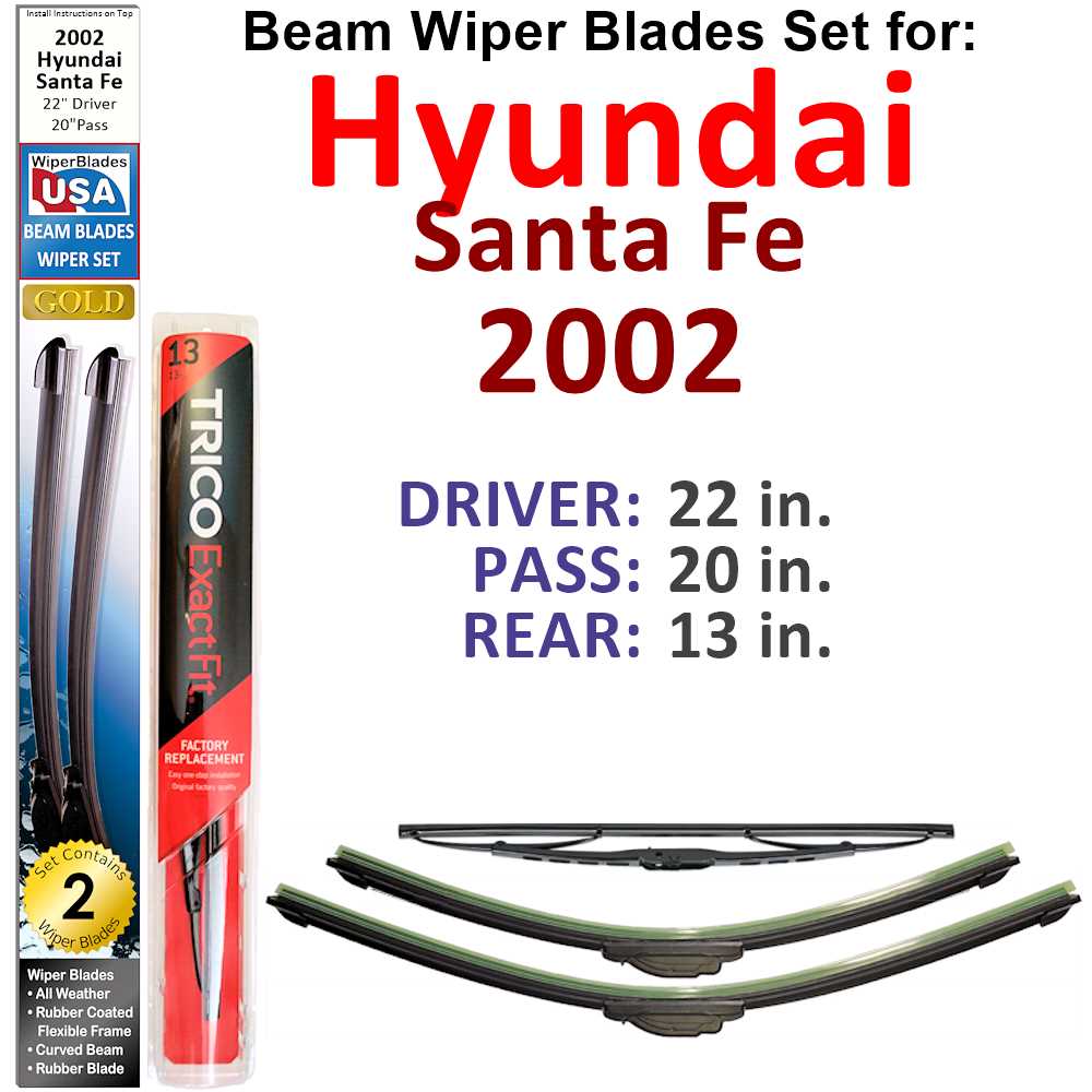 Set of 3 Beam Wiper Blades designed for 2002 Hyundai Santa Fe, showcasing their sleek design and durable construction.