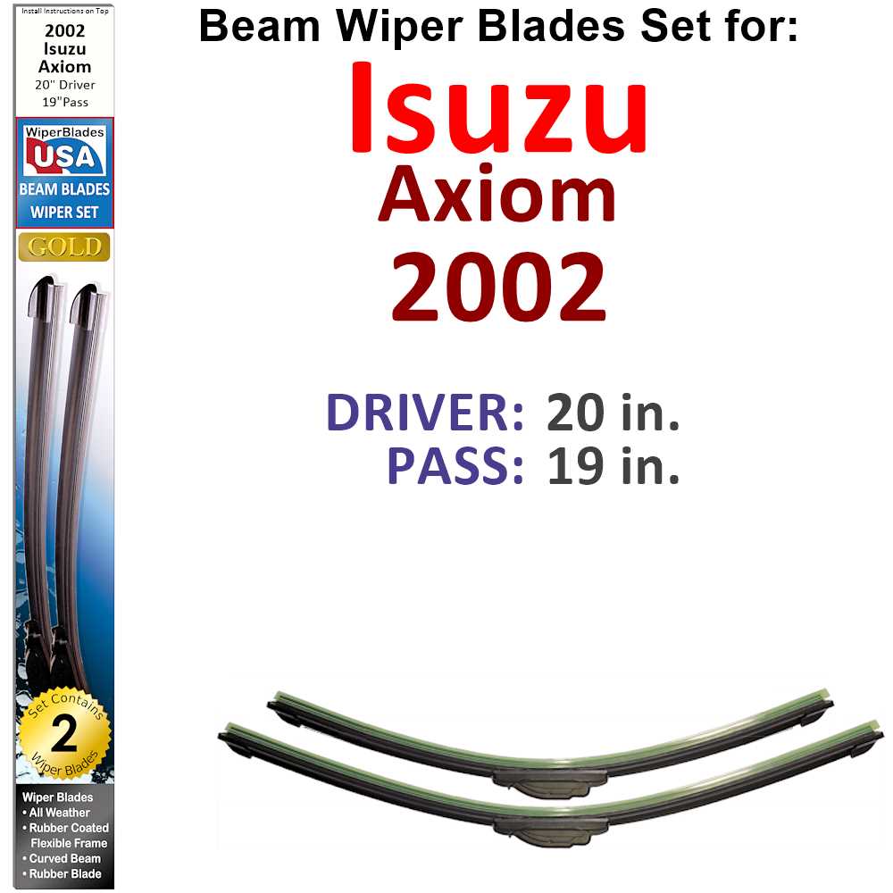 Set of two Beam Wiper Blades designed for 2002 Isuzu Axiom, showcasing their flexible and durable construction.