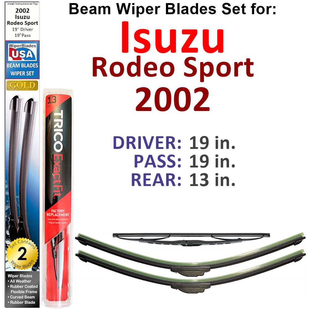 Set of 3 Beam Wiper Blades designed for 2002 Isuzu Rodeo Sport, showcasing their flexible and durable design.