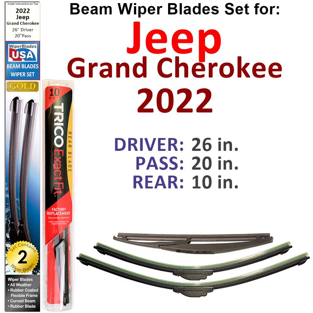 Set of 3 Beam Wiper Blades designed for 2022 Jeep Grand Cherokee, showcasing their flexible and durable construction.