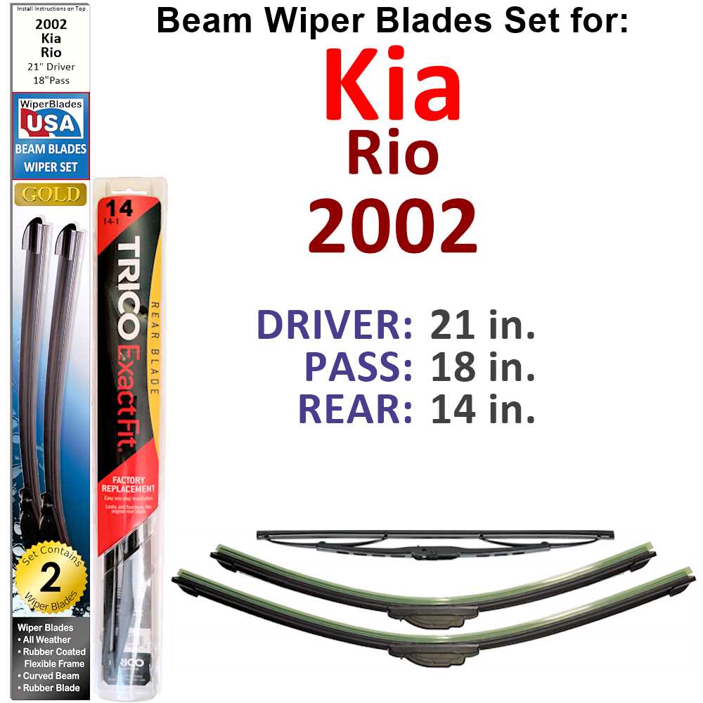 Set of 3 Beam Wiper Blades designed for 2002 Kia Rio, showcasing their flexible and durable construction.