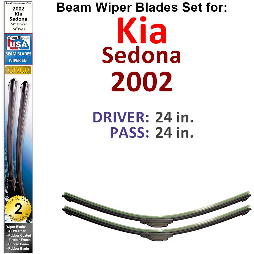 Set of two Beam Wiper Blades designed for 2002 Kia Sedona, showcasing their flexible beam design and rubber-covered metal spine.