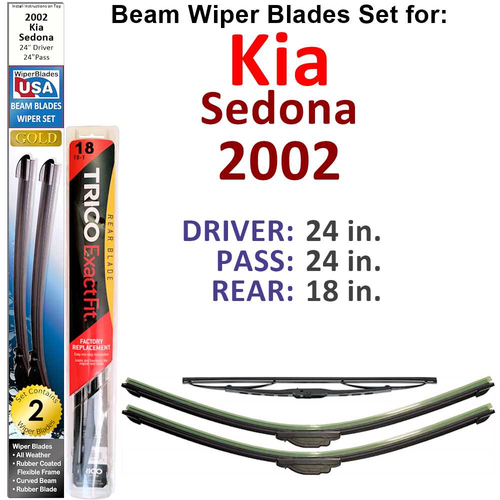 Set of 3 Beam Wiper Blades designed for 2002 Kia Sedona, showcasing their flexible and durable construction.