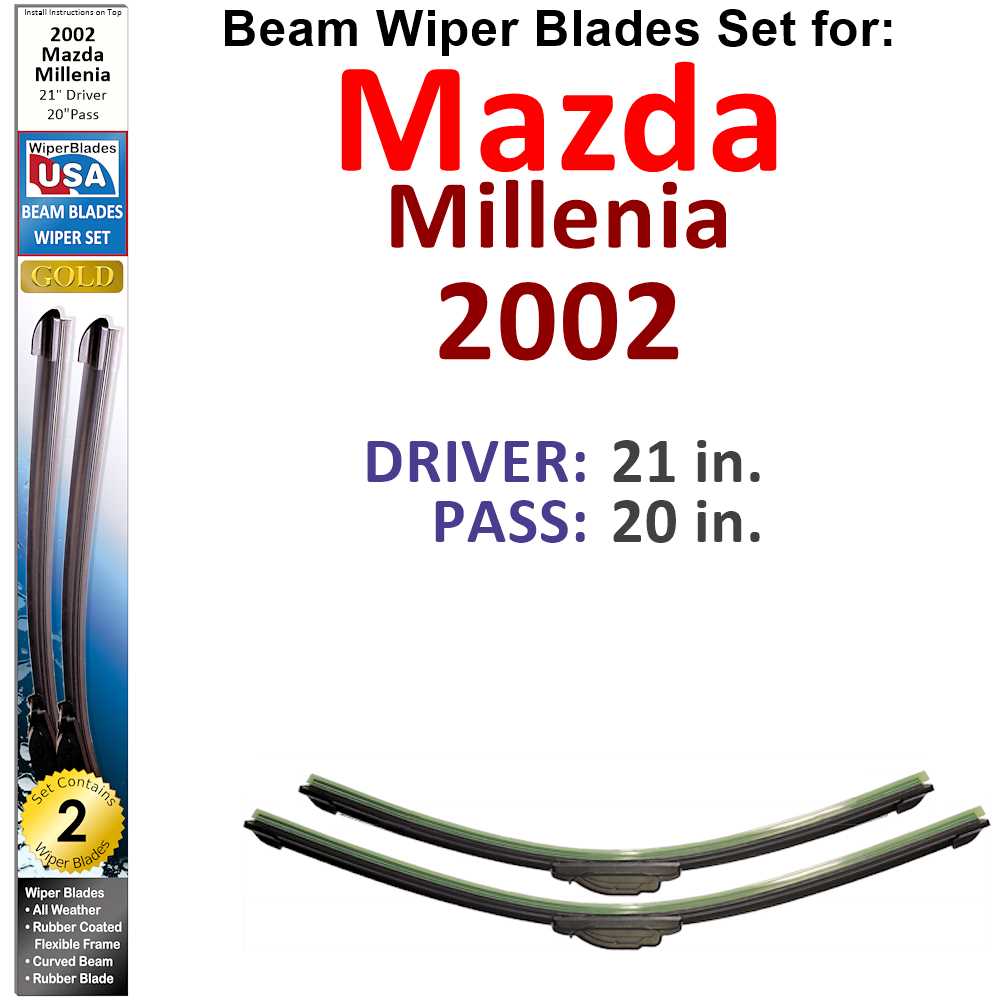 Set of 2 Beam Wiper Blades designed for 2002 Mazda Millenia, showcasing their flexible and durable construction.