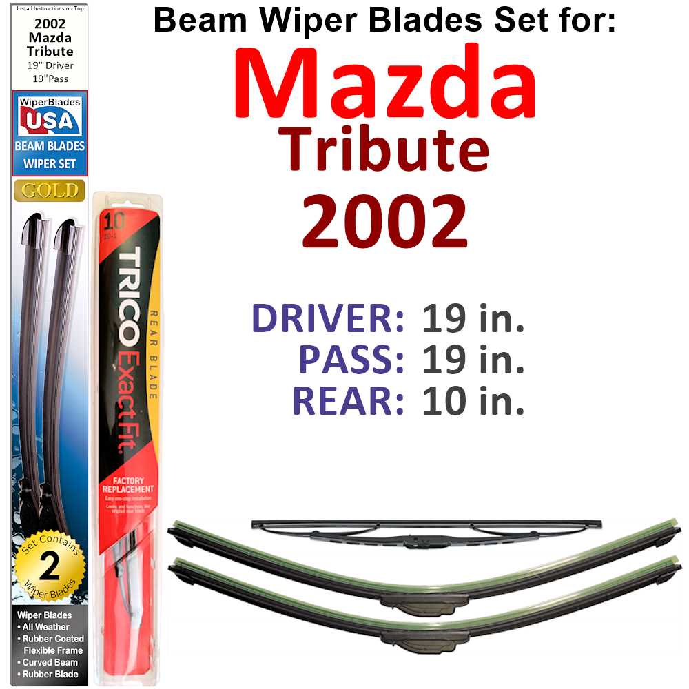 Set of 3 Beam Wiper Blades designed for 2002 Mazda Tribute, showcasing their flexible and durable construction.