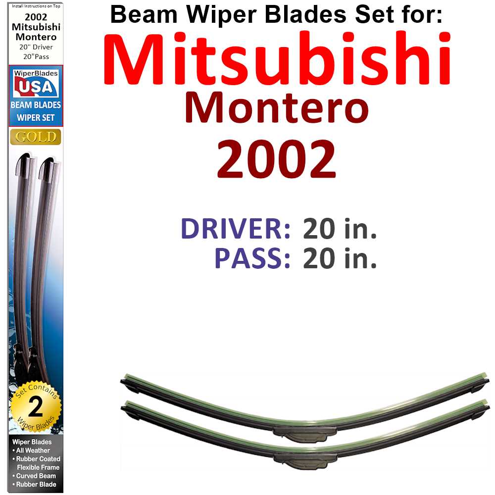 Set of 2 Beam Wiper Blades designed for 2002 Mitsubishi Montero, showcasing their flexible and durable construction.