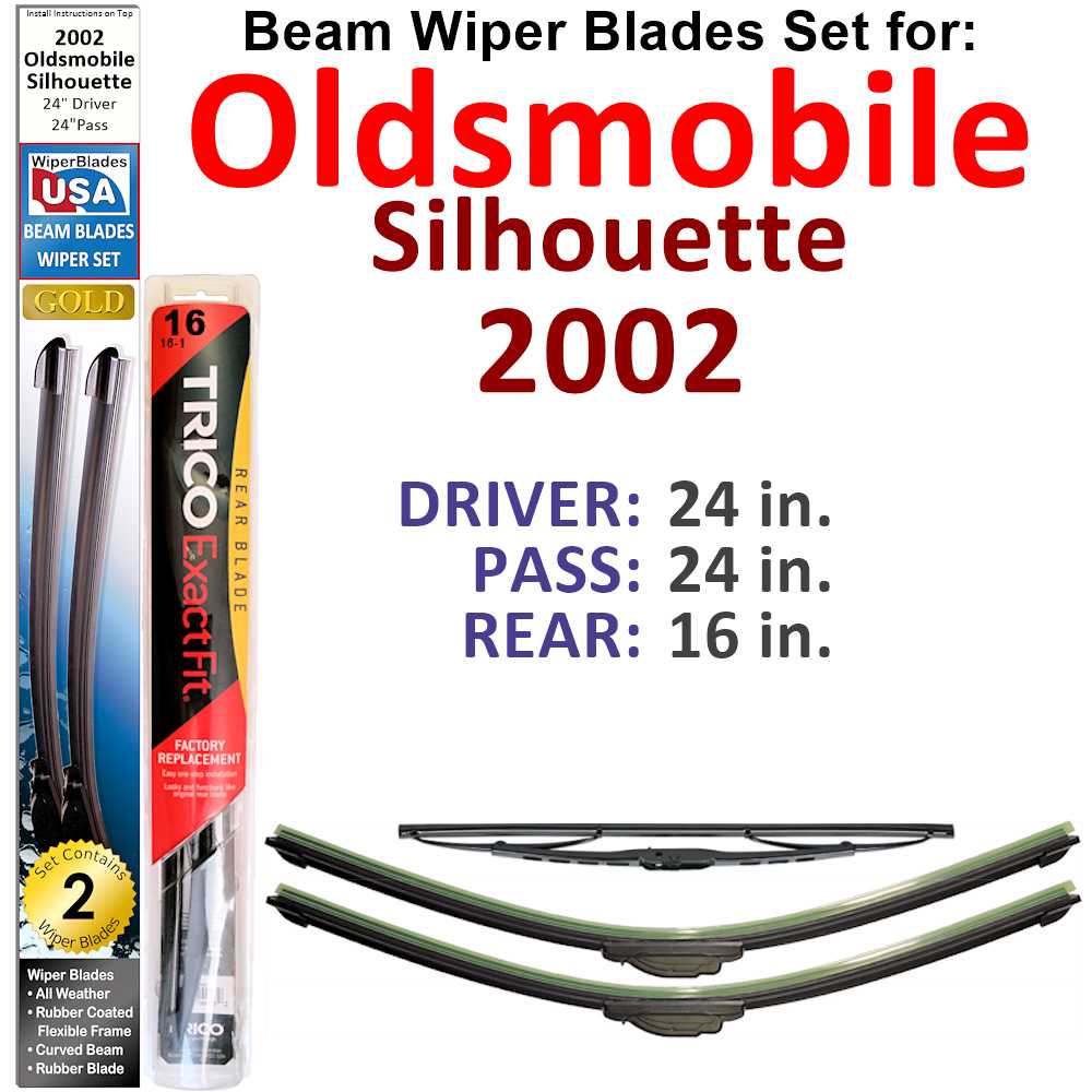 Set of 3 Beam Wiper Blades designed for 2002 Oldsmobile Silhouette, showcasing their flexible and durable design.