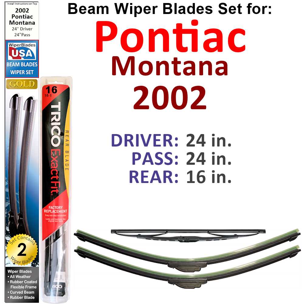 Set of 3 Beam Wiper Blades designed for 2002 Pontiac Montana, showcasing their flexible and durable construction.