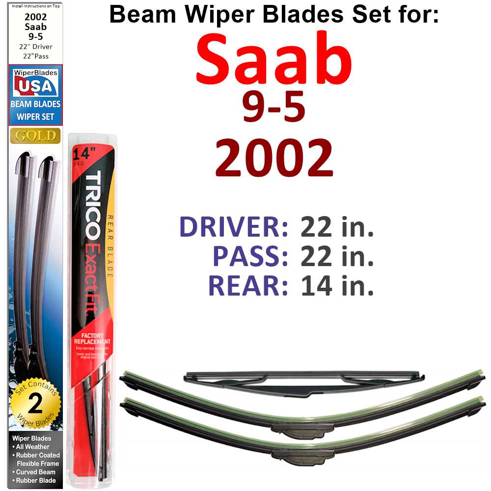 Set of 3 Beam Wiper Blades designed for 2002 Saab 9-5, showcasing their flexible and durable design.