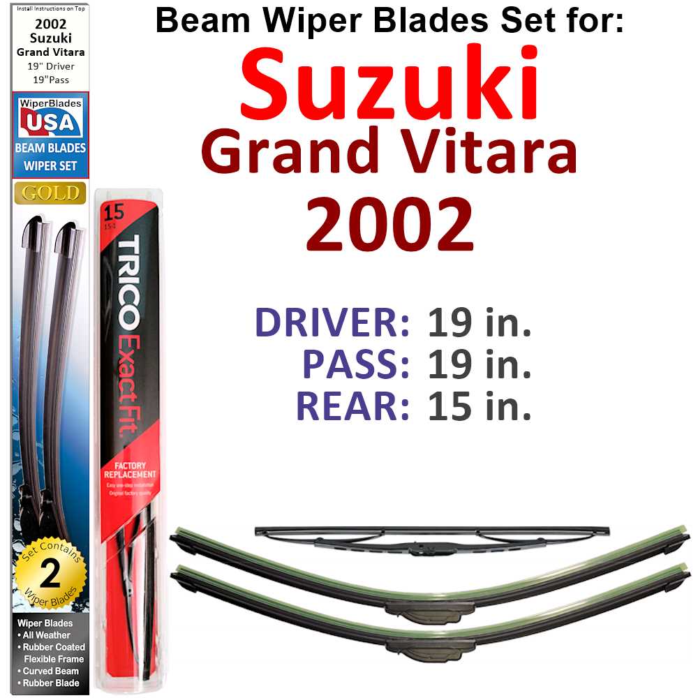 Set of 3 Beam Wiper Blades designed for 2002 Suzuki Grand Vitara, showcasing their flexible and durable construction.