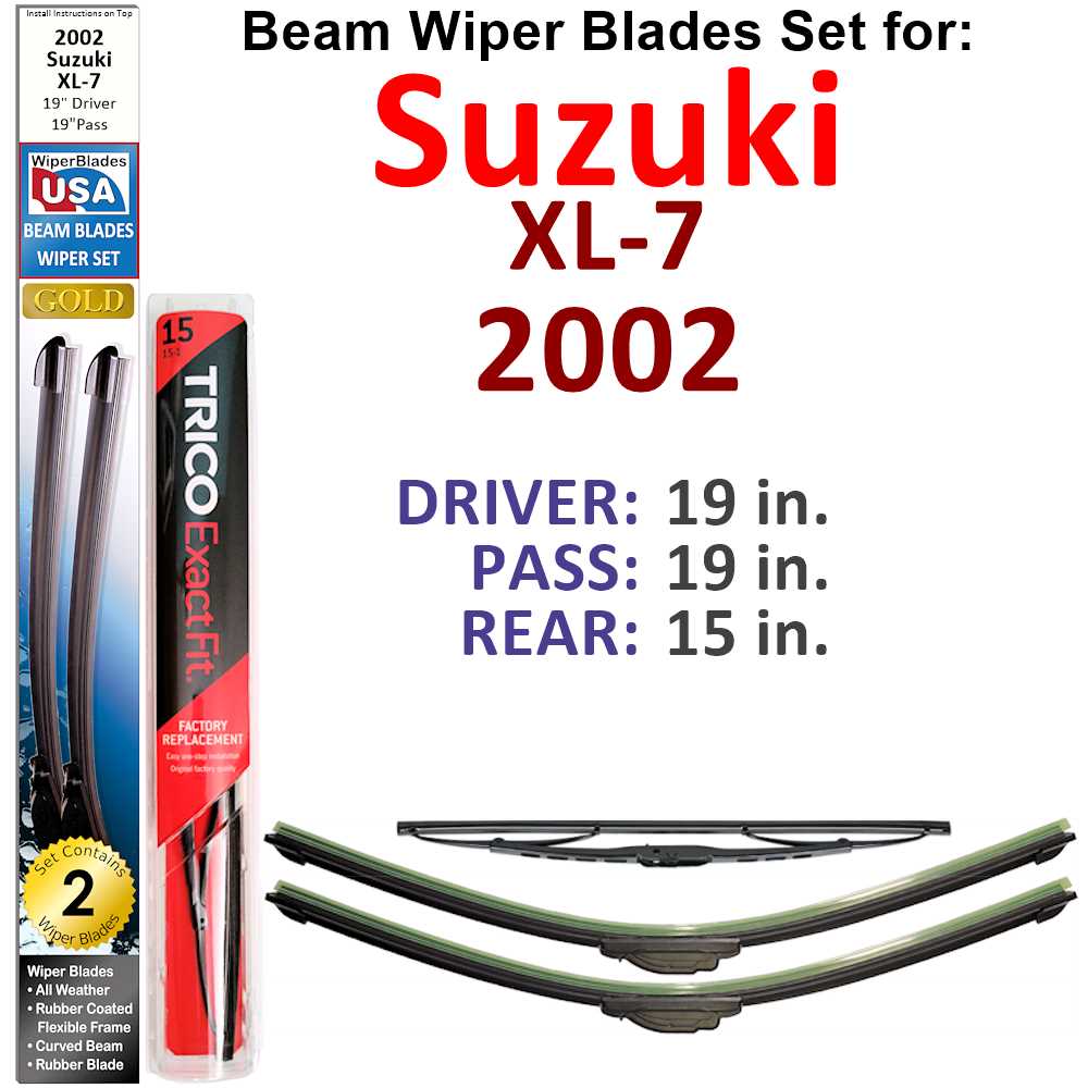 Set of 3 Beam Wiper Blades designed for 2002 Suzuki XL-7, showcasing their flexible and low-profile design.