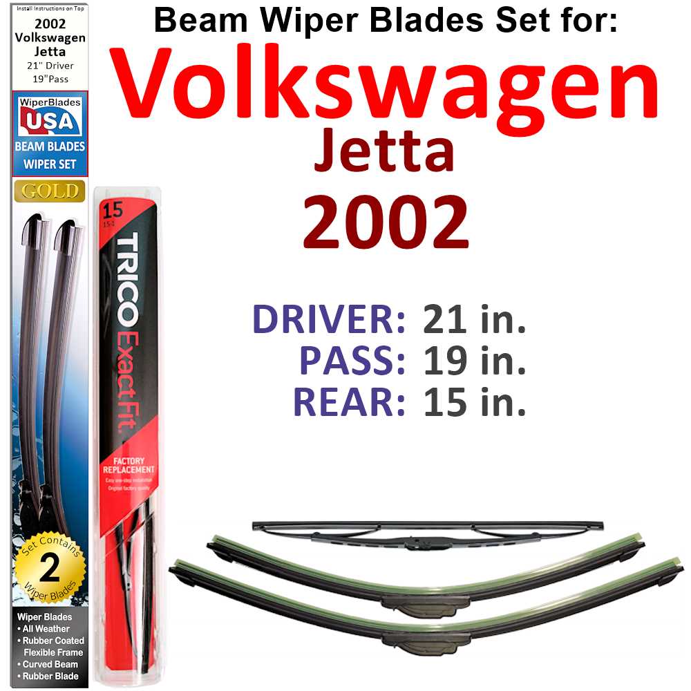 Set of 3 Beam Wiper Blades designed for 2002 Volkswagen Jetta, showcasing their flexible and durable construction.