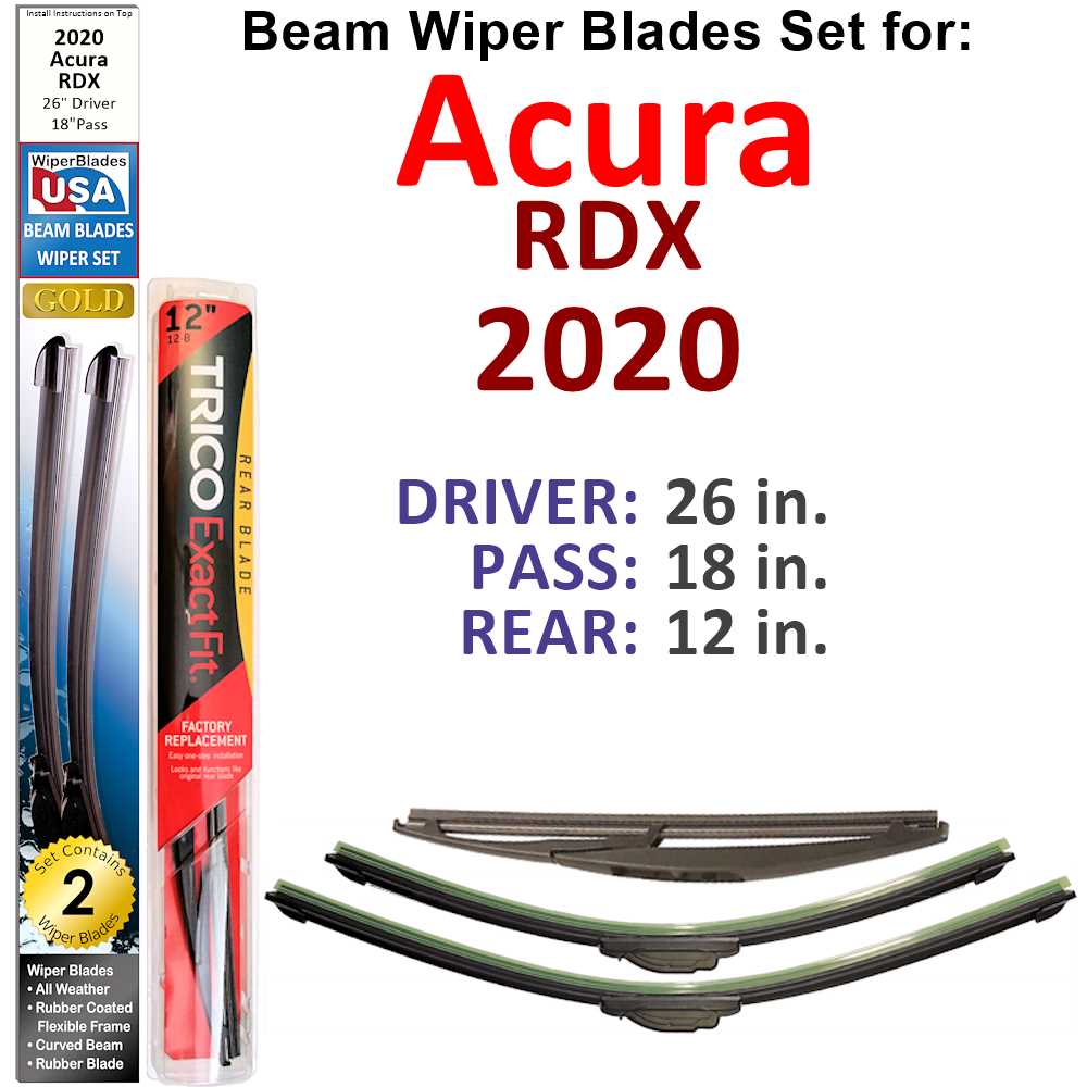 Set of 3 Beam Wiper Blades designed for 2020 Acura RDX, showcasing their flexible and durable construction.