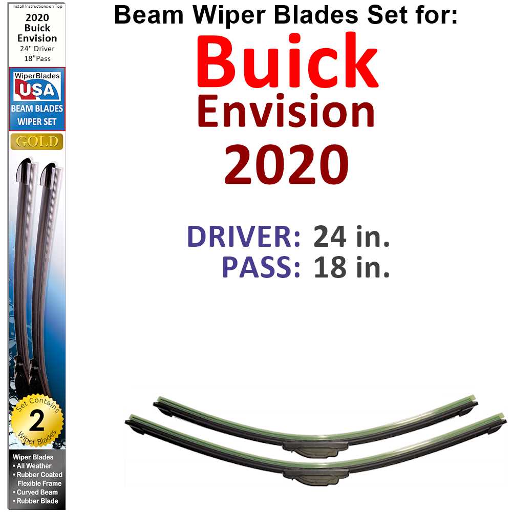 Set of two Beam Wiper Blades designed for 2020 Buick Envision, showcasing their sleek design and rubber-encased metal spine.