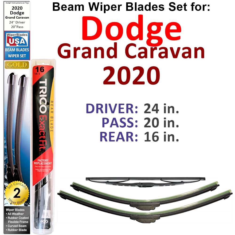 Set of 3 Beam Wiper Blades designed for 2020 Dodge Grand Caravan, showcasing their flexible and durable construction.