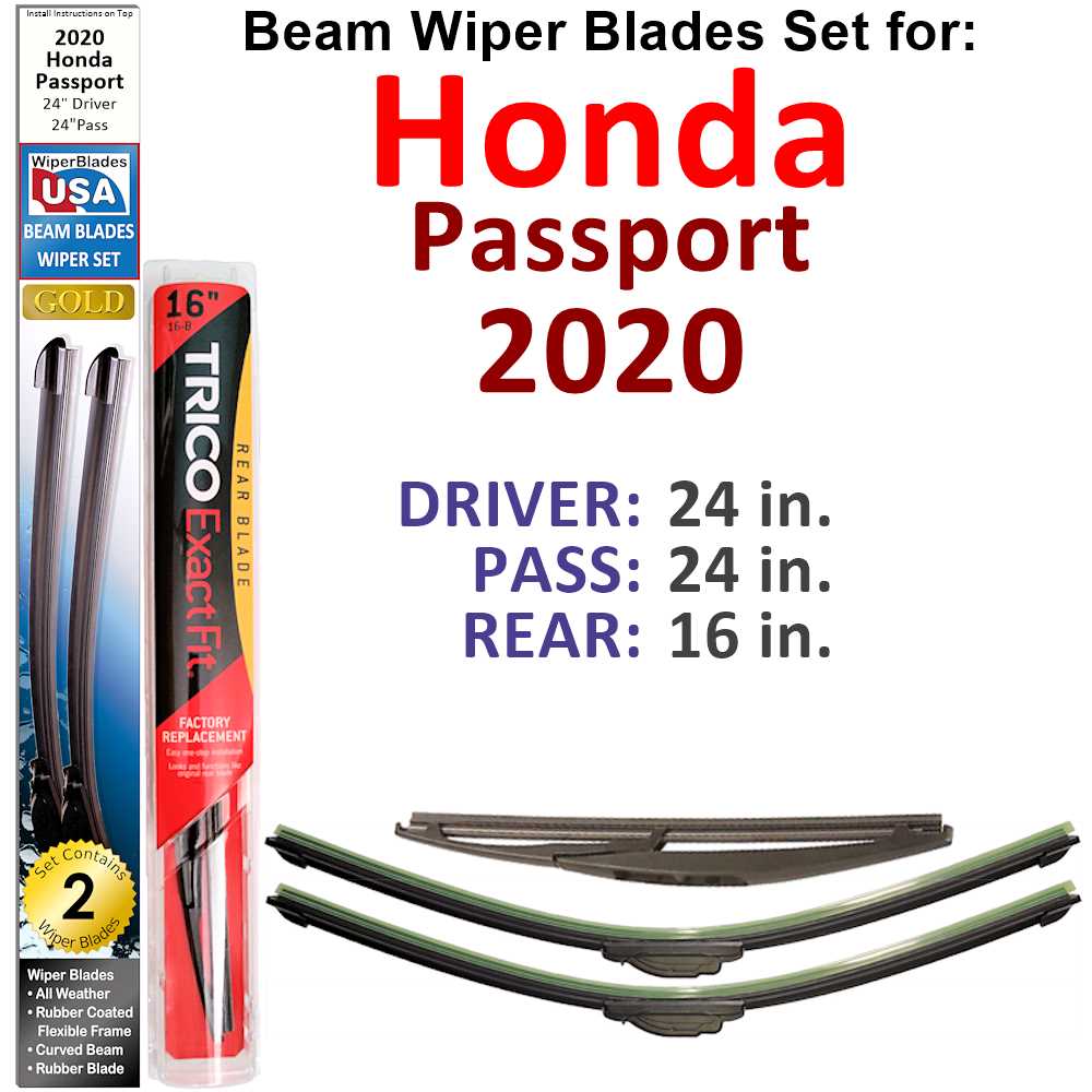 Set of 3 Beam Wiper Blades designed for 2020 Honda Passport, showcasing their flexible and durable construction.