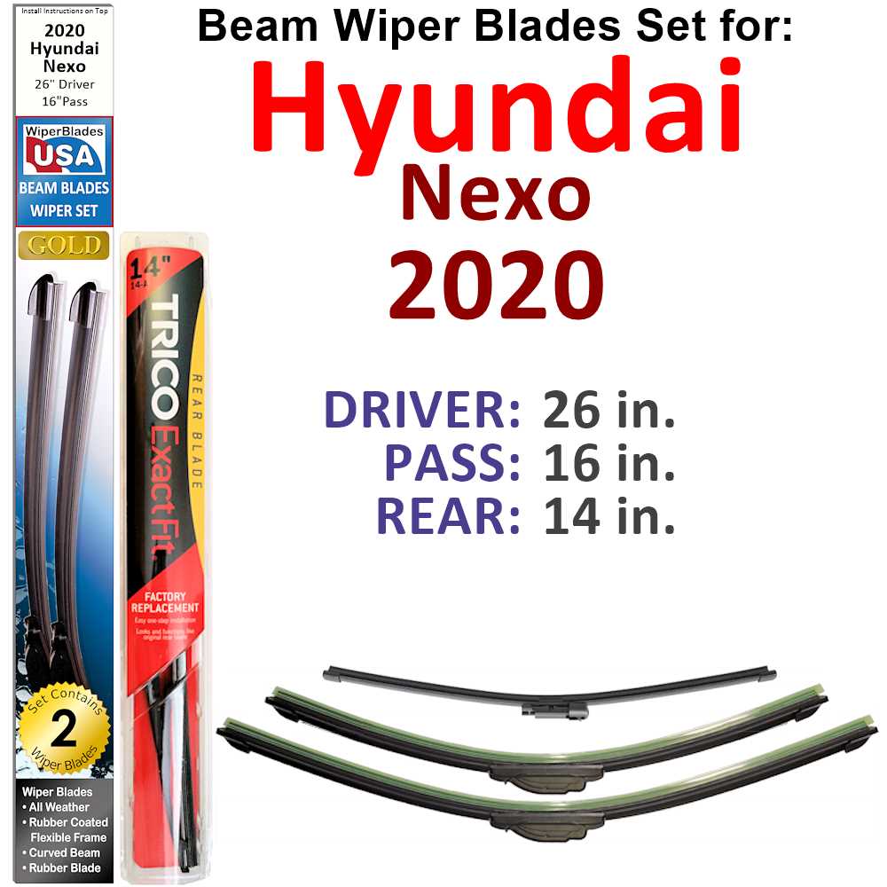 Set of 3 Beam Wiper Blades designed for 2020 Hyundai Nexo, showcasing their flexible and durable construction.