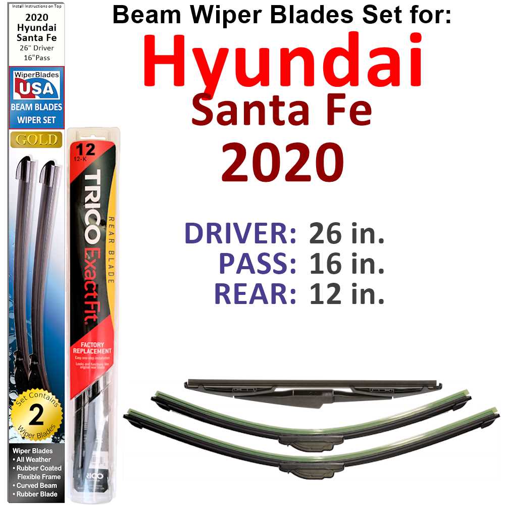 Set of 3 Beam Wiper Blades for 2020 Hyundai Santa Fe, showcasing their flexible design and rubber-encased spine for durability.