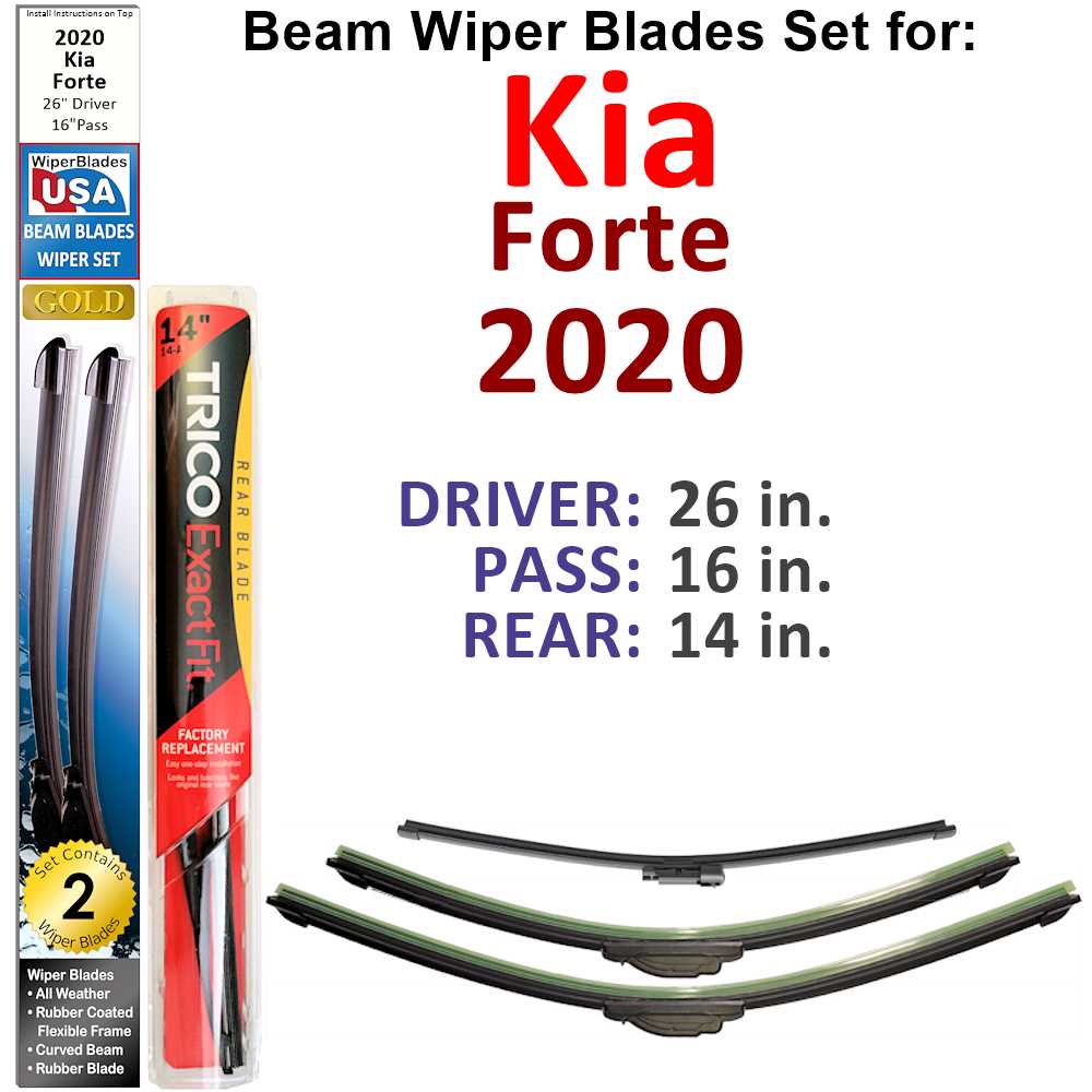 Set of 3 Beam Wiper Blades designed for 2020 Kia Forte GT, showcasing their flexible and durable construction.