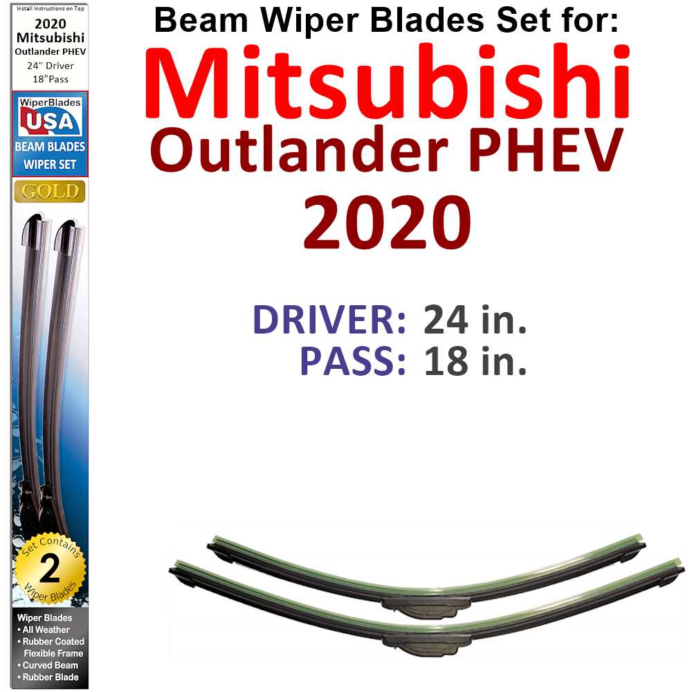 Set of 2 Beam Wiper Blades designed for 2020 Mitsubishi Outlander PHEV, showcasing their flexible and durable construction.