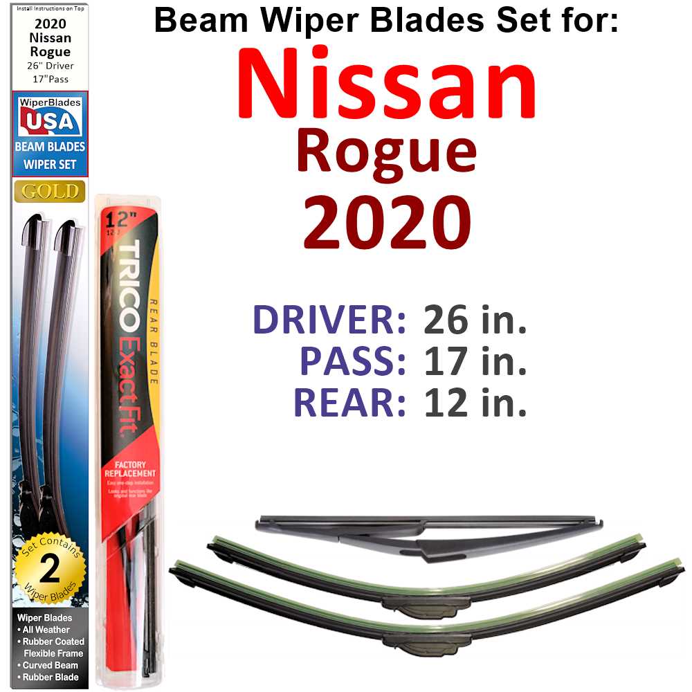 Set of 3 Beam Wiper Blades designed for 2020 Nissan Rogue, showcasing their flexible and durable construction.