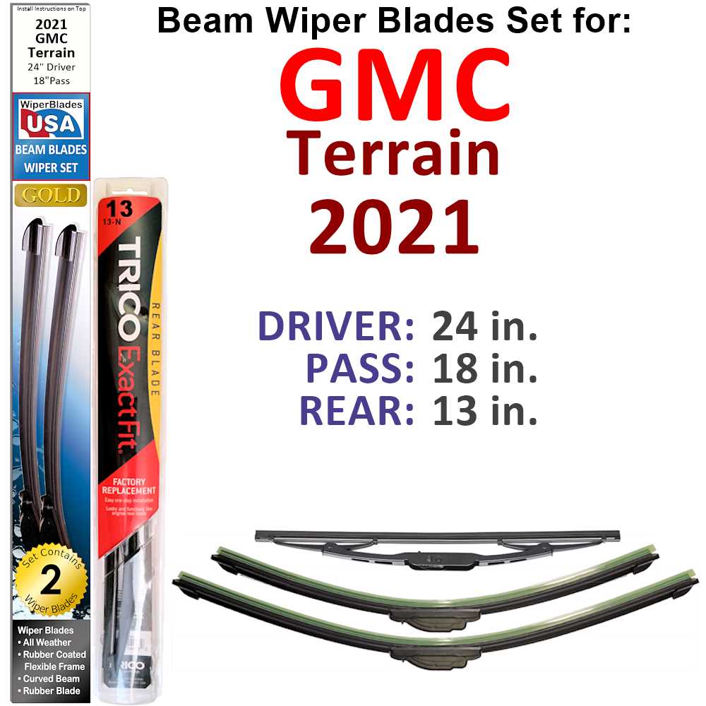 Set of 3 Beam Wiper Blades designed for 2021 GMC Terrain, showcasing their flexible and durable construction.