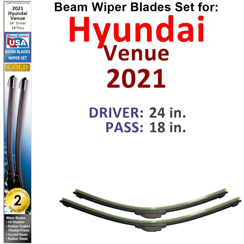 Set of 2 Beam Wiper Blades designed for 2021 Hyundai Venue, showcasing their flexible and durable construction.