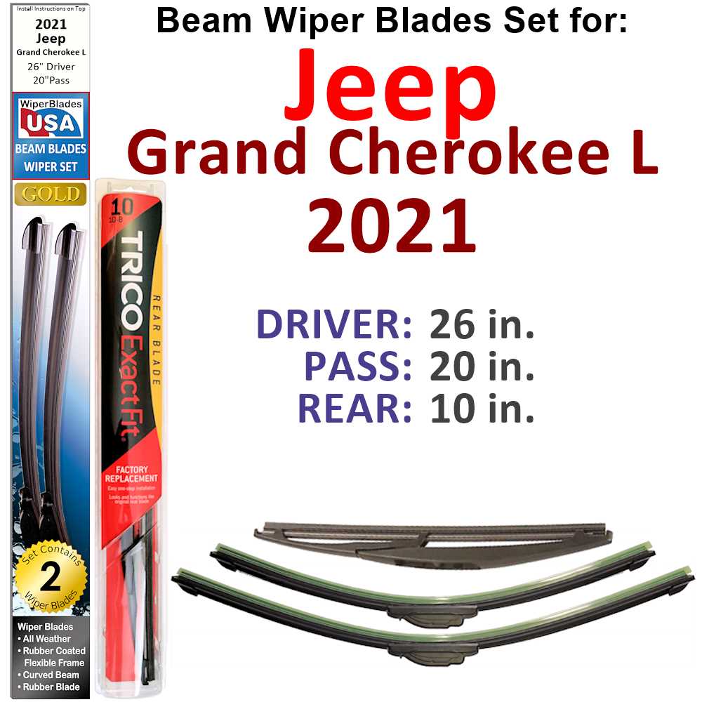 Set of 3 Beam Wiper Blades designed for 2021 Jeep Grand Cherokee L, showcasing their flexible and durable construction.