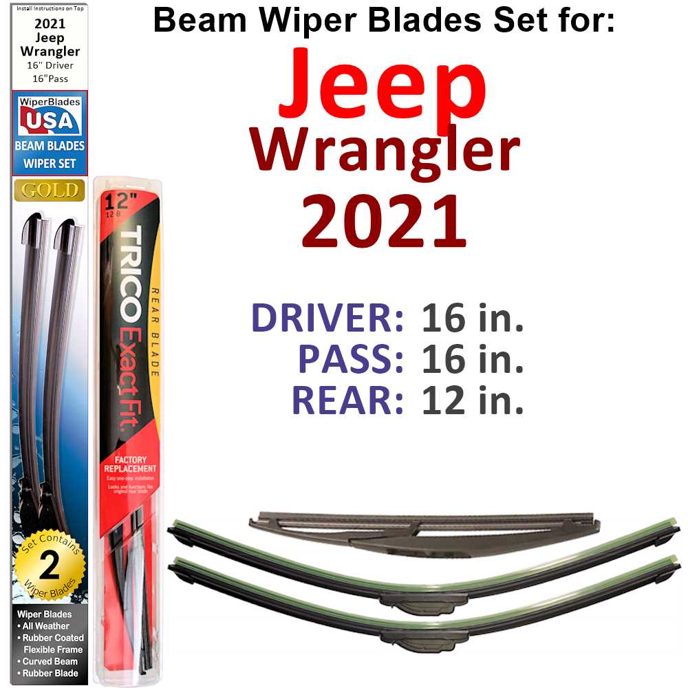 Set of 3 Beam Wiper Blades designed for 2021 Jeep Wrangler, showcasing their flexible and durable construction.