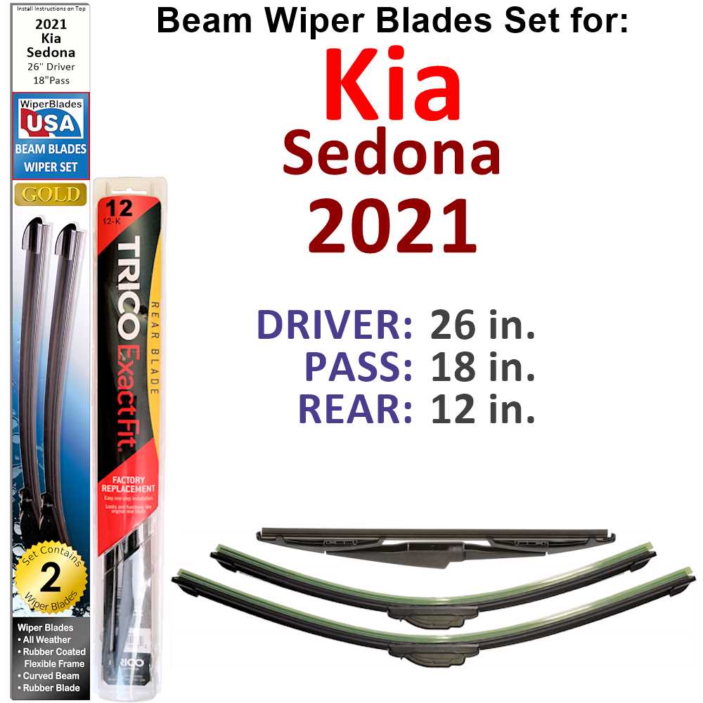 Set of 3 Beam Wiper Blades designed for 2021 Kia Sedona, showcasing their flexible and durable construction.