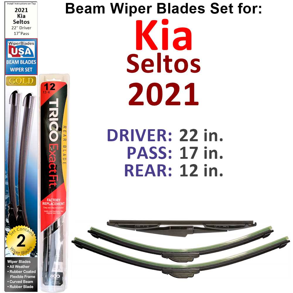 Set of 3 Beam Wiper Blades designed for 2021 Kia Seltos, showcasing their flexible and sealed construction for optimal windshield cleaning.