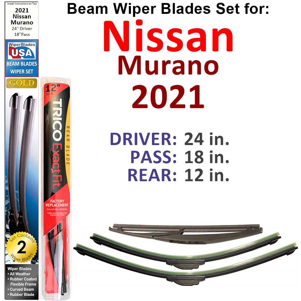 Set of 3 Beam Wiper Blades designed for 2021 Nissan Murano, showcasing their flexible and durable construction.