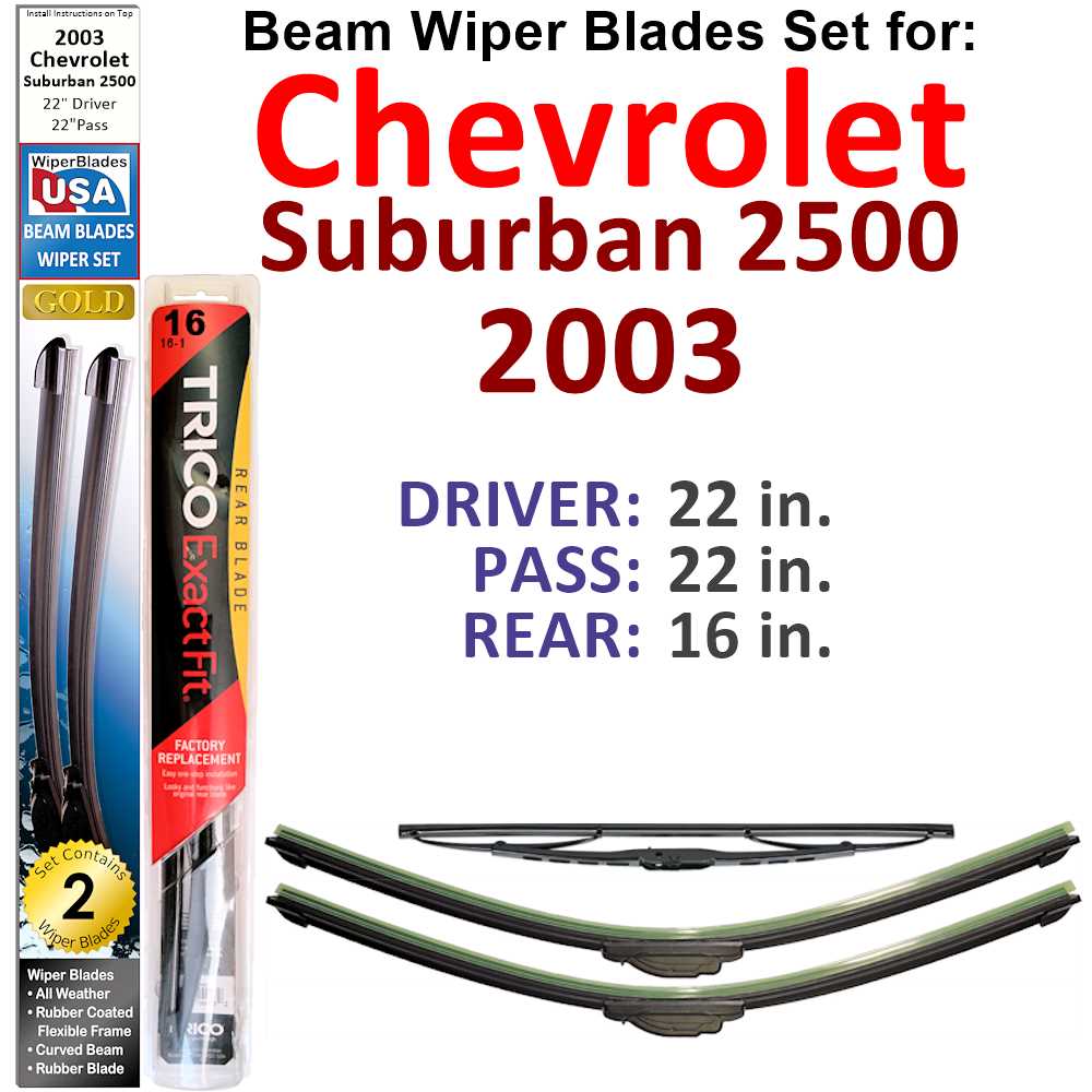 Set of 3 Beam Wiper Blades designed for 2003 Chevrolet Suburban 2500, showcasing their flexible and sealed design for optimal performance.