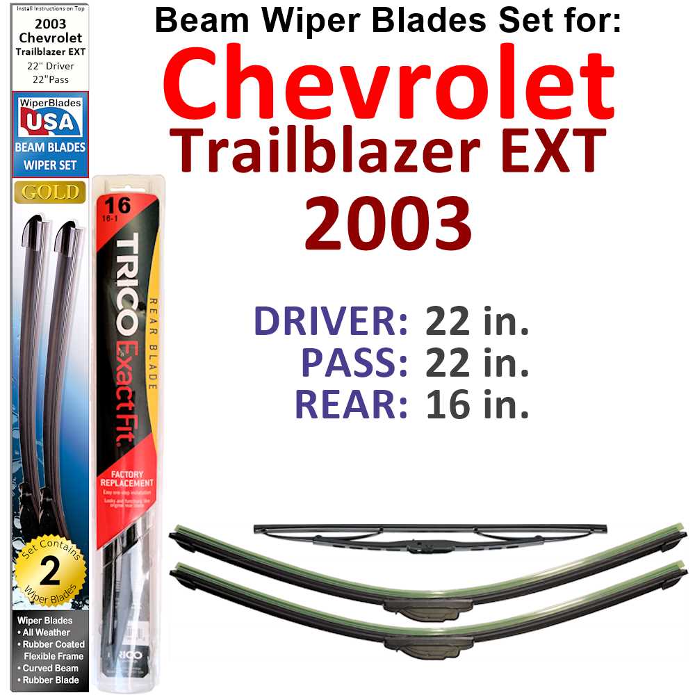 Set of 3 Beam Wiper Blades designed for 2003 Chevrolet Trailblazer EXT, showcasing their flexible and durable design.