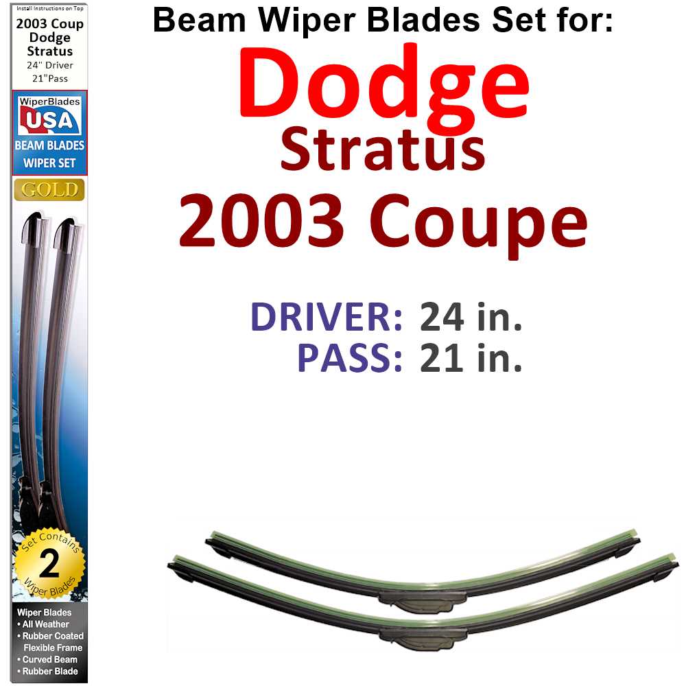 Set of two Beam Wiper Blades for 2003 Dodge Stratus Coupe, showcasing their flexible design and rubber-encased metal spine.