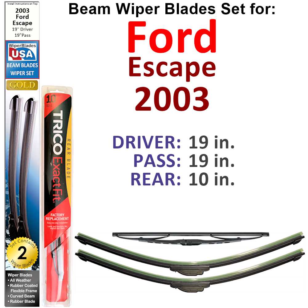 Set of 3 Beam Wiper Blades designed for 2003 Ford Escape, showcasing their flexible and durable design.